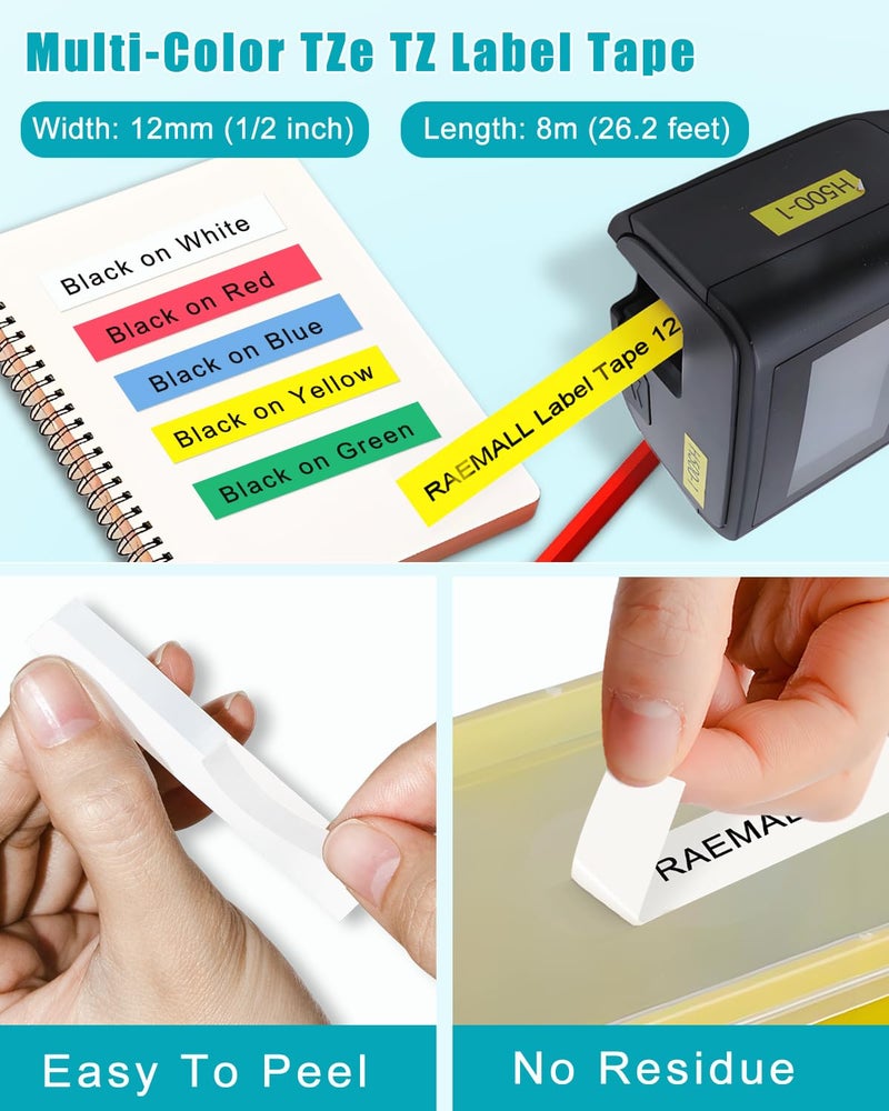 RAEMALL 5-Pack Label Maker Tape Replace for Brother TZe TZ Tape 12mm 0.47 Laminated Colored White/Red/Blue/Yellow/Green Compatibel with Brother P Touch Label Maker PTH110 PTD220 PTD210 PT-D410 - Image 3